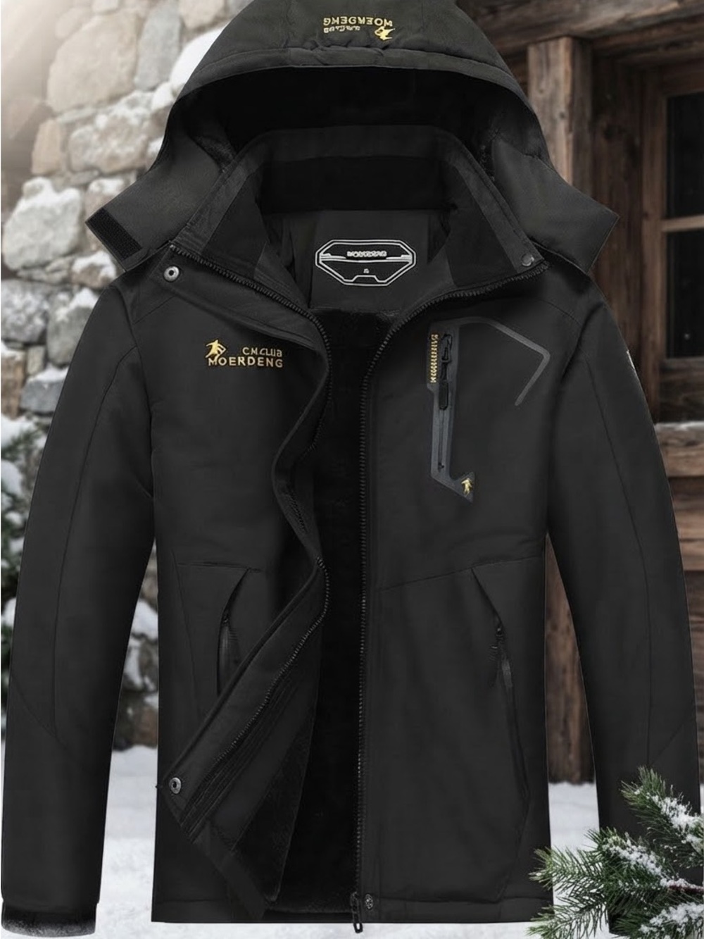MOERDENG Women Ski Jacket Winter Warm Mountain Coat Hooded Waterproof Black L